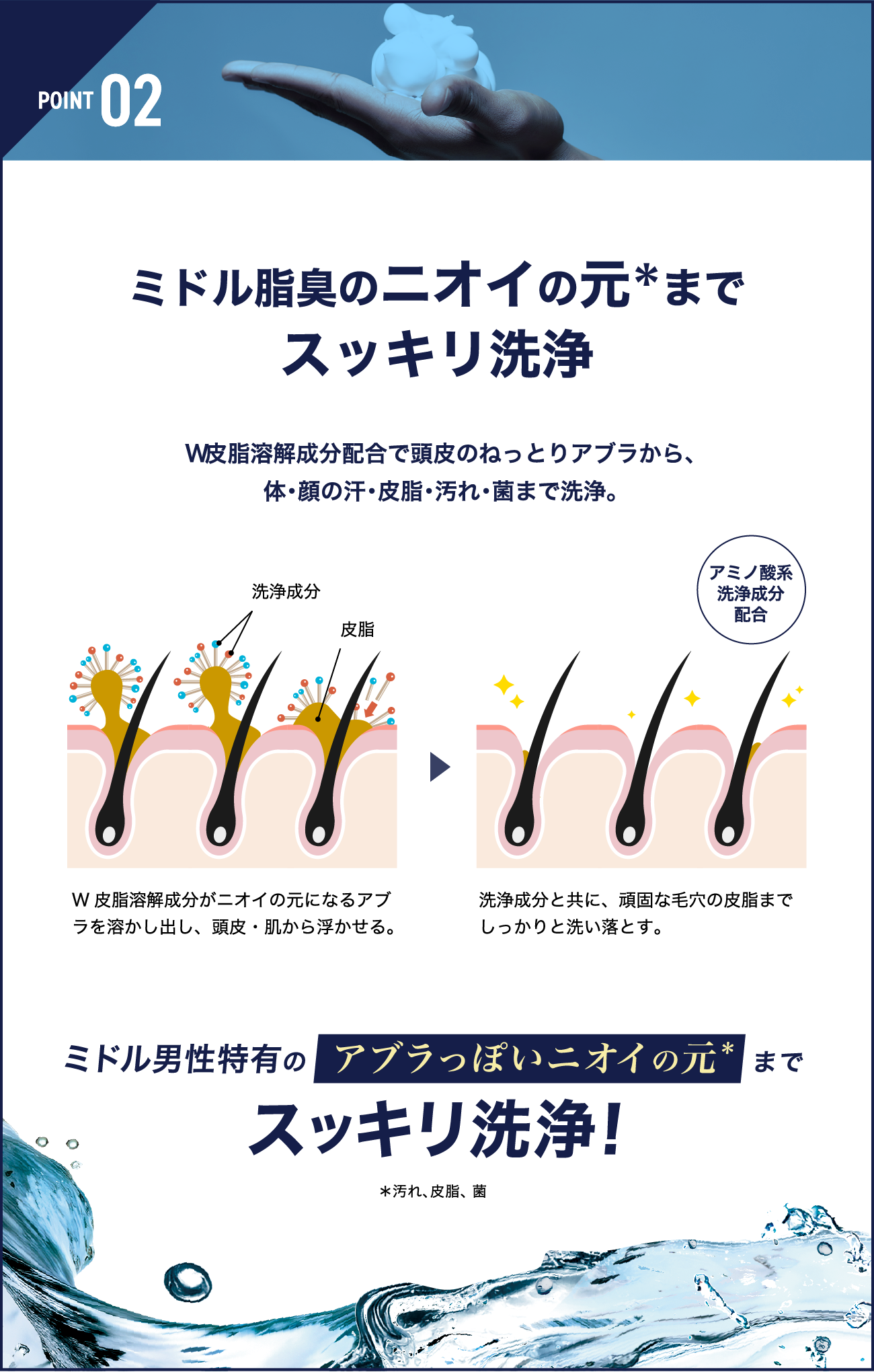 POINT 02 ミドル脂臭のニオイの元までスッキリ洗浄　ミドル男性特有のアブラっぽいニオイの元までスッキリ洗浄!
