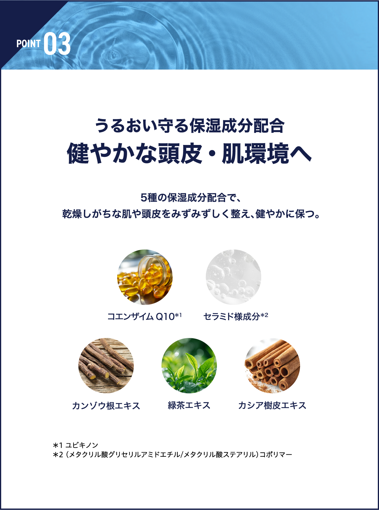 POINT 03 うるおい守る保湿成分配合 健やかな頭皮・肌環境へ